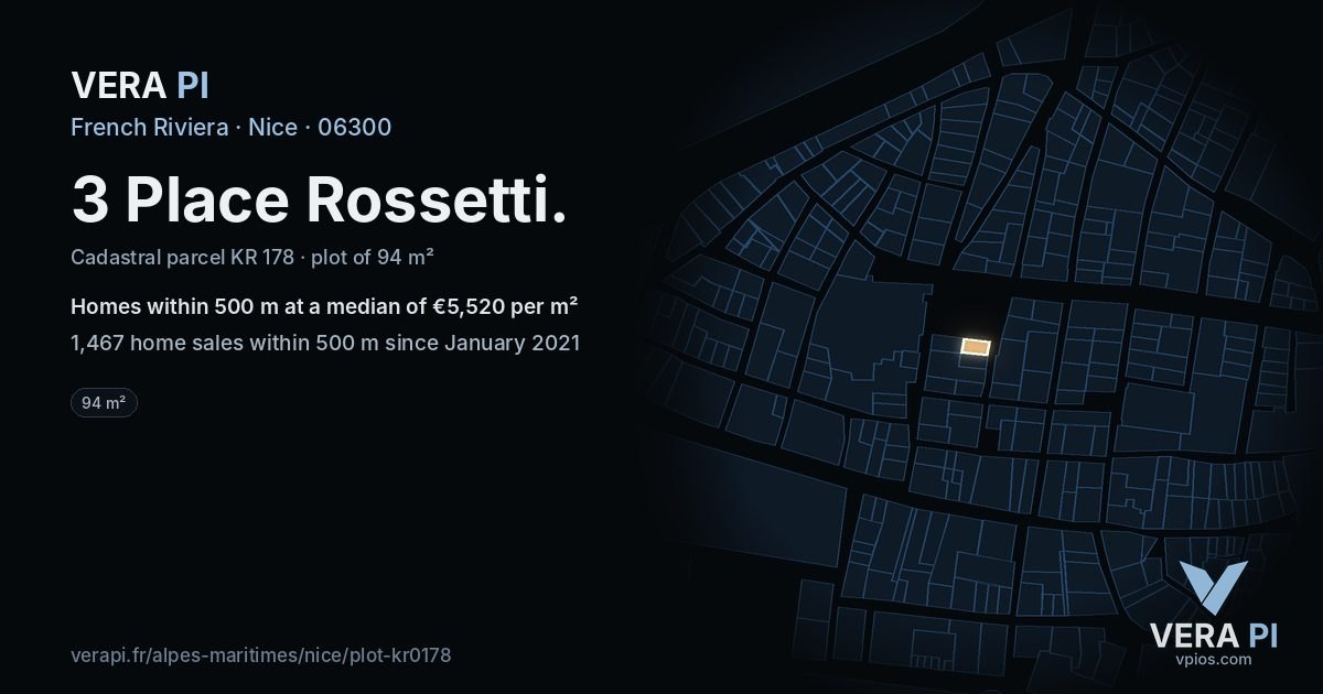 3 Place Rossetti, Nice at night – the plot lit, the parcels around coloured by the prices near them