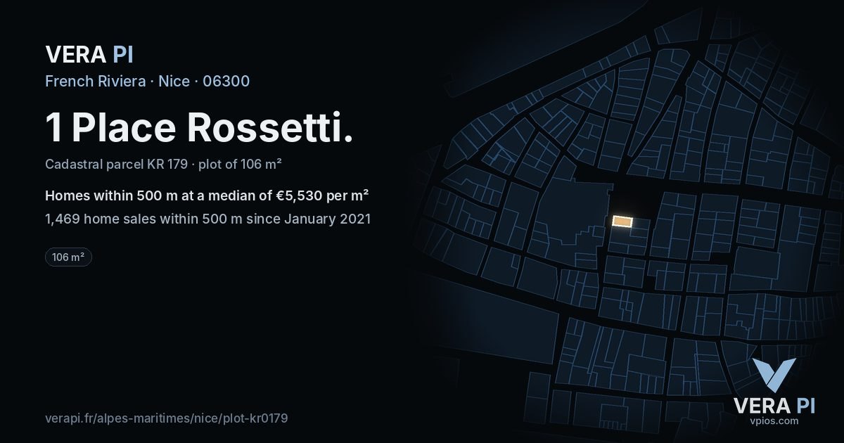 1 Place Rossetti, Nice at night – the plot lit, the parcels around coloured by the prices near them