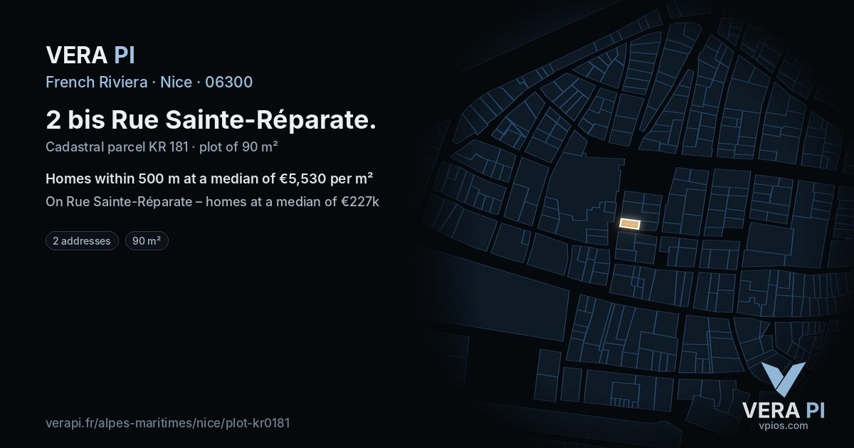 2 bis Rue Sainte-Réparate, Nice at night – the plot lit, the parcels around coloured by the prices near them