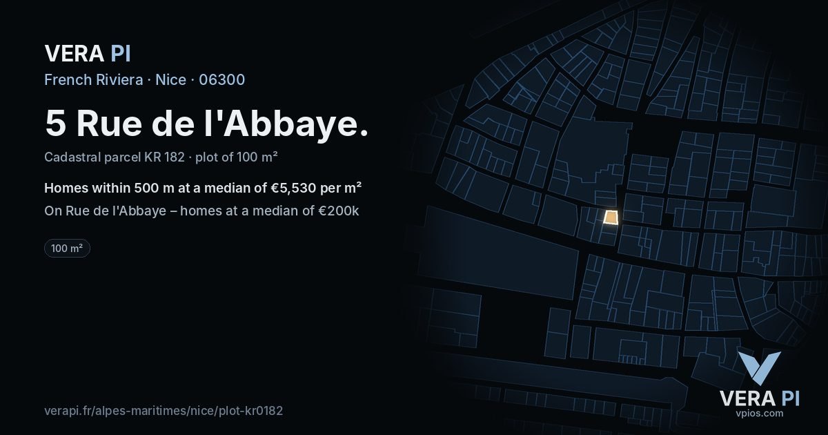 5 Rue de l'Abbaye, Nice at night – the plot lit, the parcels around coloured by the prices near them