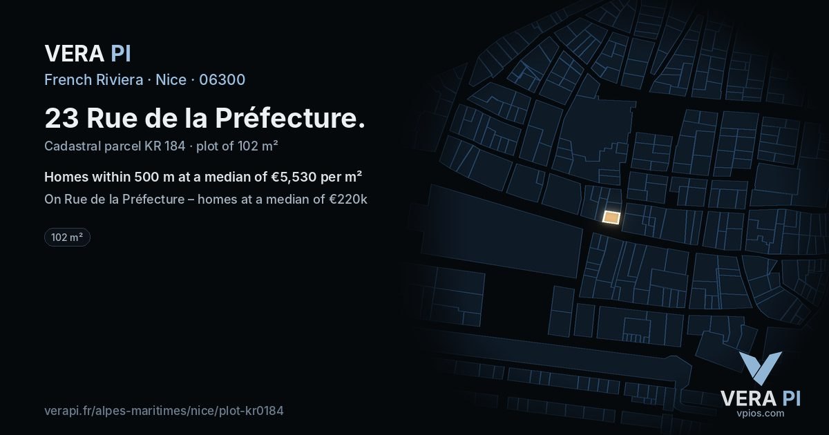 23 Rue de la Préfecture, Nice at night – the plot lit, the parcels around coloured by the prices near them