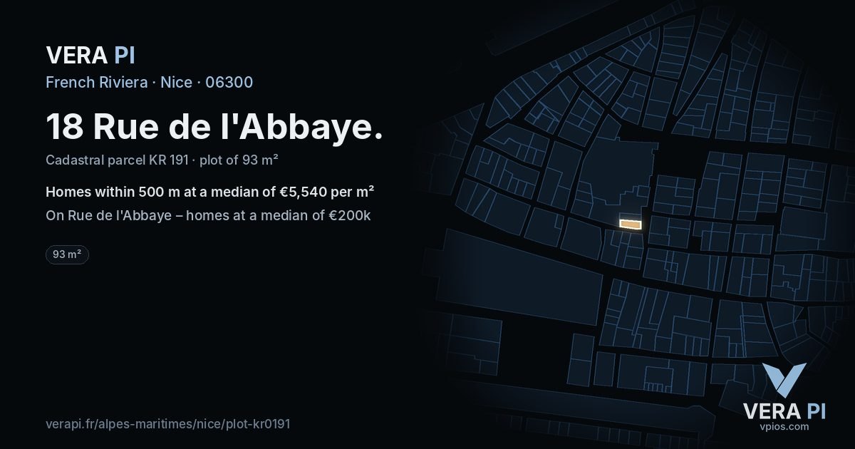 18 Rue de l'Abbaye, Nice at night – the plot lit, the parcels around coloured by the prices near them