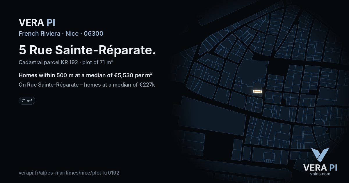 5 Rue Sainte-Réparate, Nice at night – the plot lit, the parcels around coloured by the prices near them