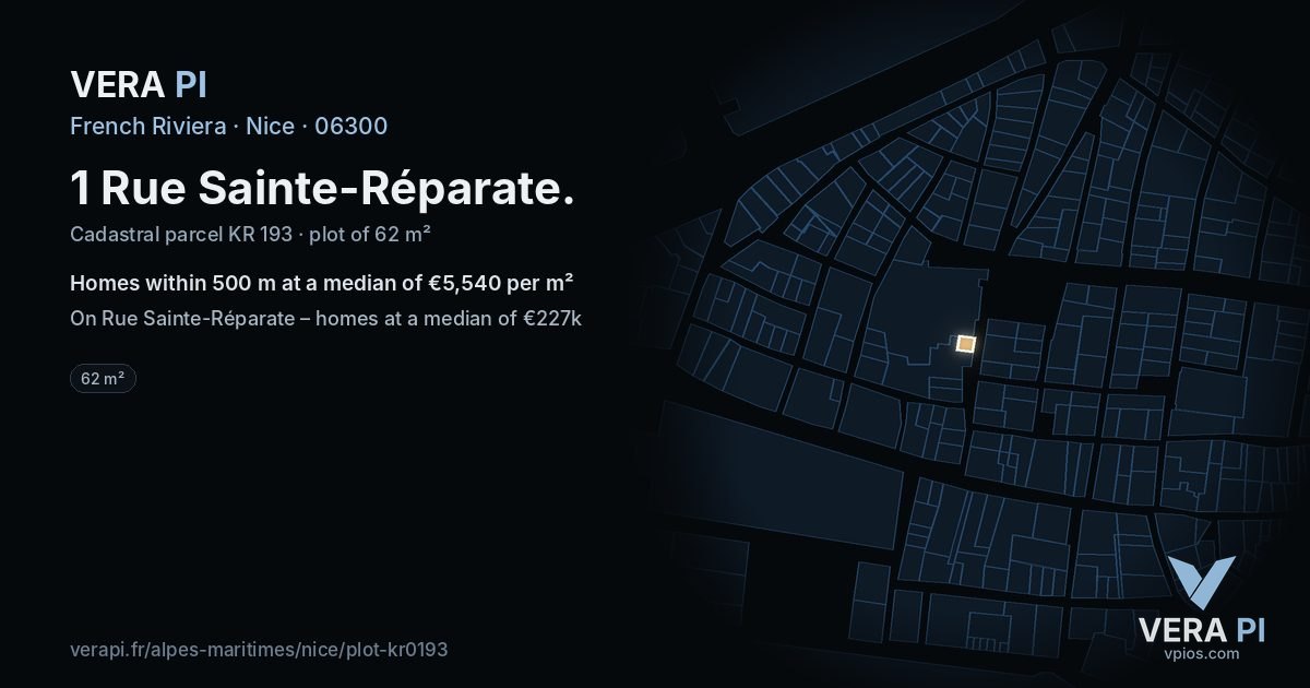 1 Rue Sainte-Réparate, Nice at night – the plot lit, the parcels around coloured by the prices near them