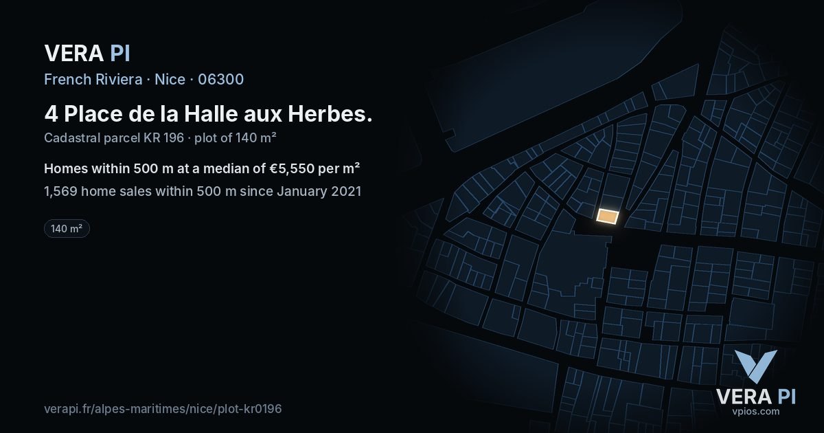 4 Place de la Halle aux Herbes, Nice at night – the plot lit, the parcels around coloured by the prices near them