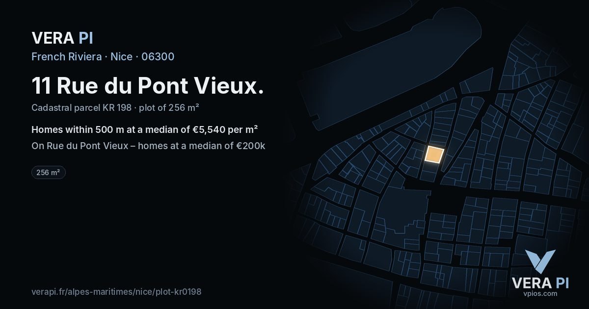 11 Rue du Pont Vieux, Nice at night – the plot lit, the parcels around coloured by the prices near them