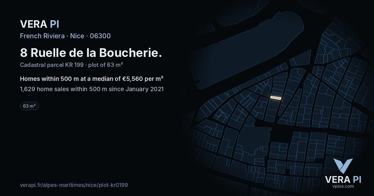 8 Ruelle de la Boucherie, Nice at night – the plot lit, the parcels around coloured by the prices near them
