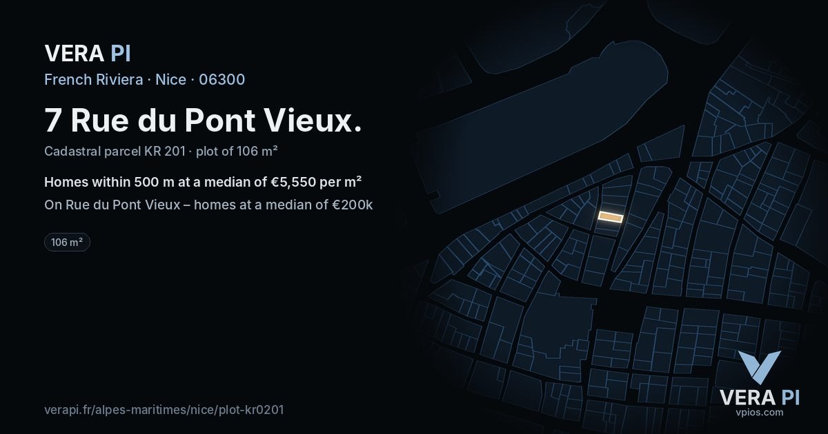 7 Rue du Pont Vieux, Nice at night – the plot lit, the parcels around coloured by the prices near them
