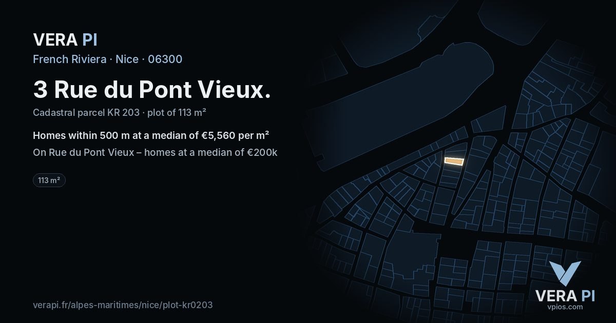 3 Rue du Pont Vieux, Nice at night – the plot lit, the parcels around coloured by the prices near them