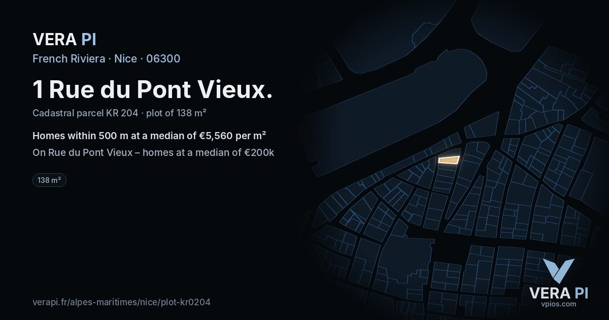 1 Rue du Pont Vieux, Nice at night – the plot lit, the parcels around coloured by the prices near them