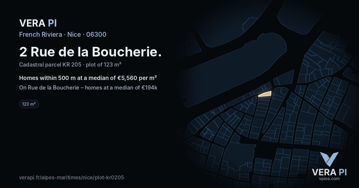 2 Rue de la Boucherie, Nice at night – the plot lit, the parcels around coloured by the prices near them