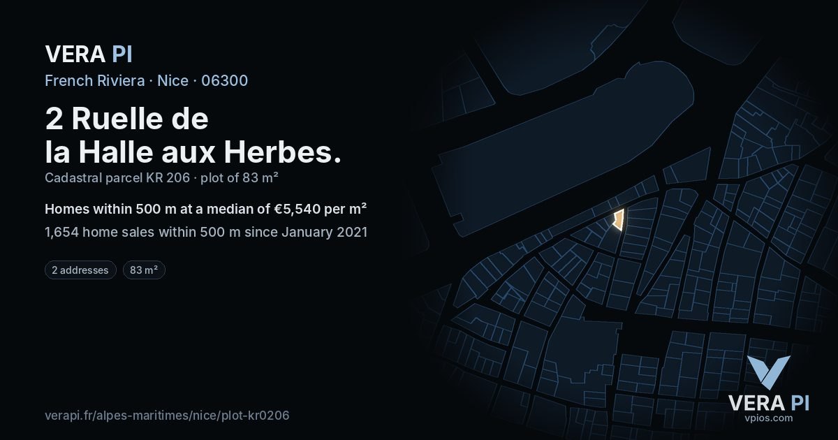 2 Ruelle de la Halle aux Herbes, Nice at night – the plot lit, the parcels around coloured by the prices near them