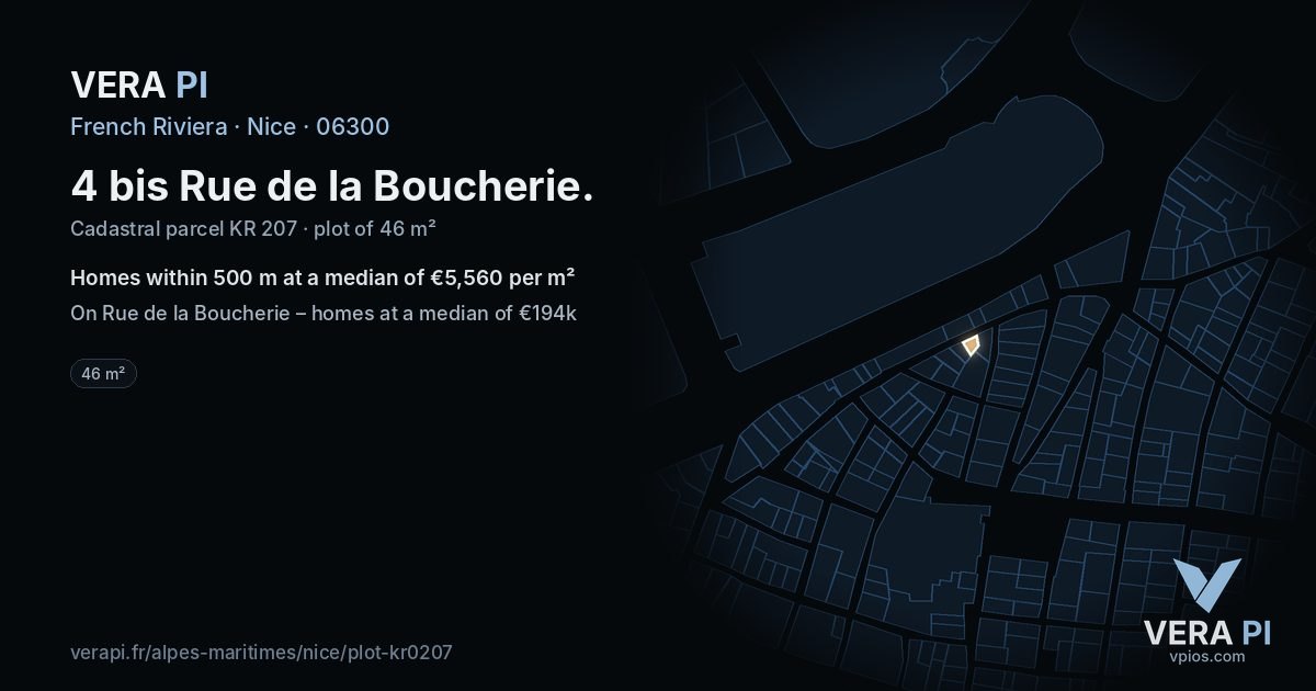 4 bis Rue de la Boucherie, Nice at night – the plot lit, the parcels around coloured by the prices near them