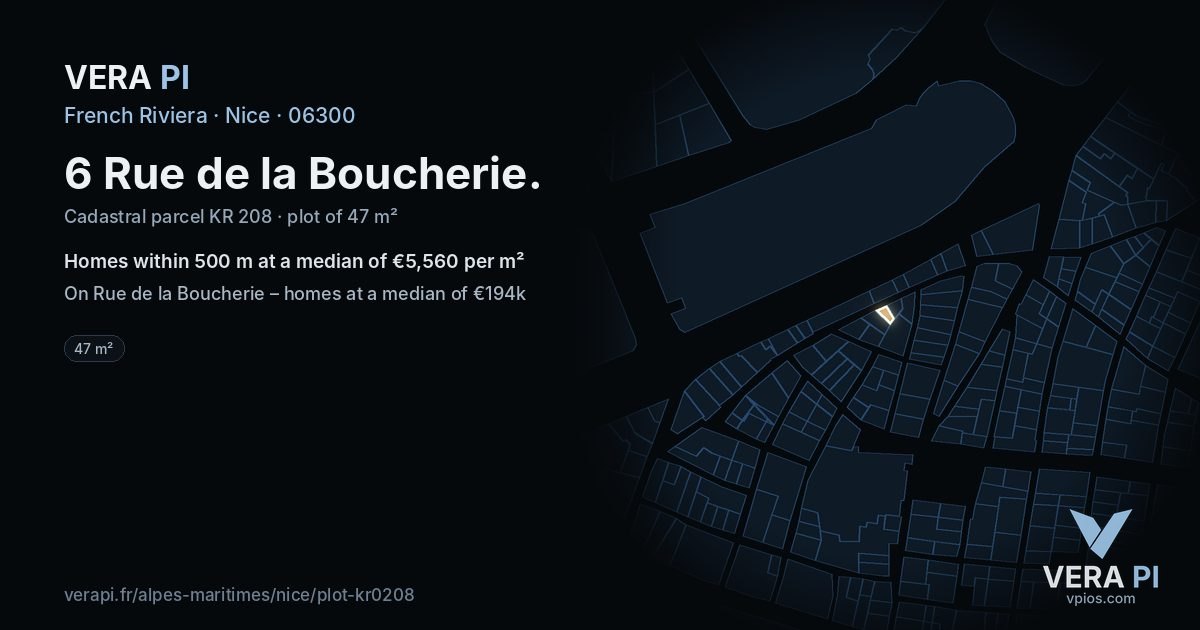 6 Rue de la Boucherie, Nice at night – the plot lit, the parcels around coloured by the prices near them