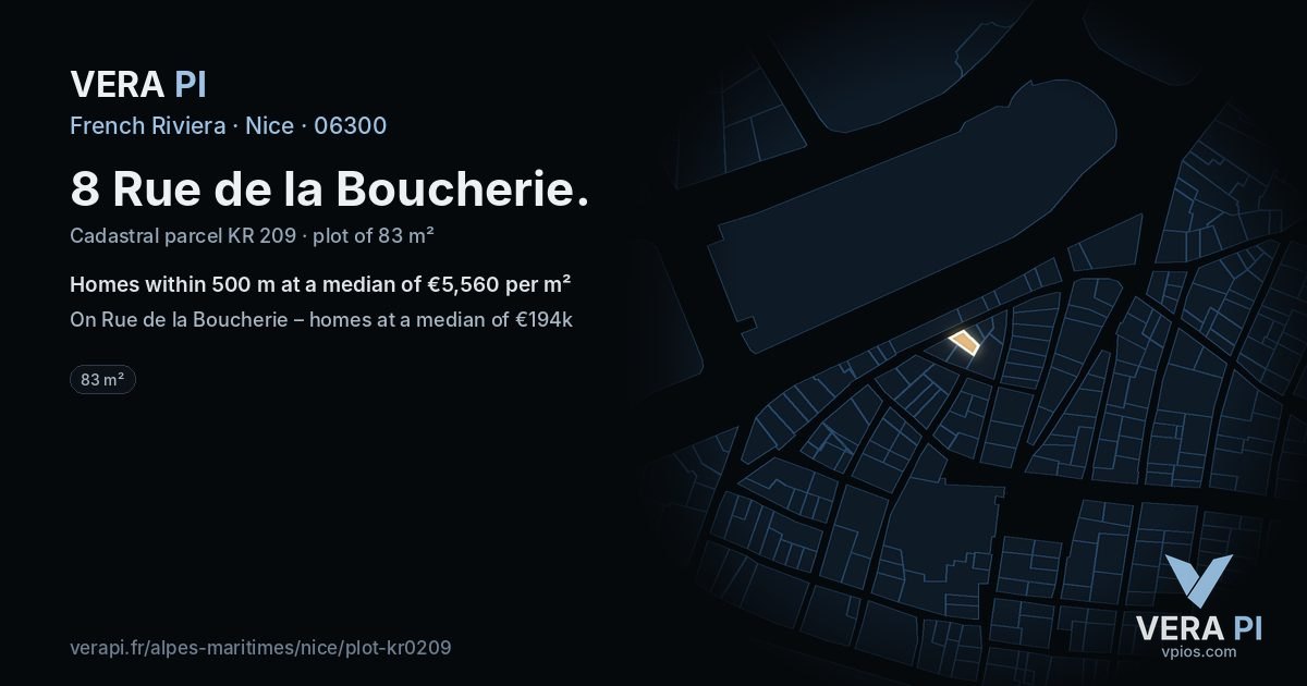 8 Rue de la Boucherie, Nice at night – the plot lit, the parcels around coloured by the prices near them