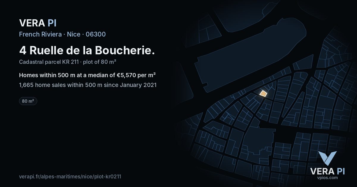 4 Ruelle de la Boucherie, Nice at night – the plot lit, the parcels around coloured by the prices near them