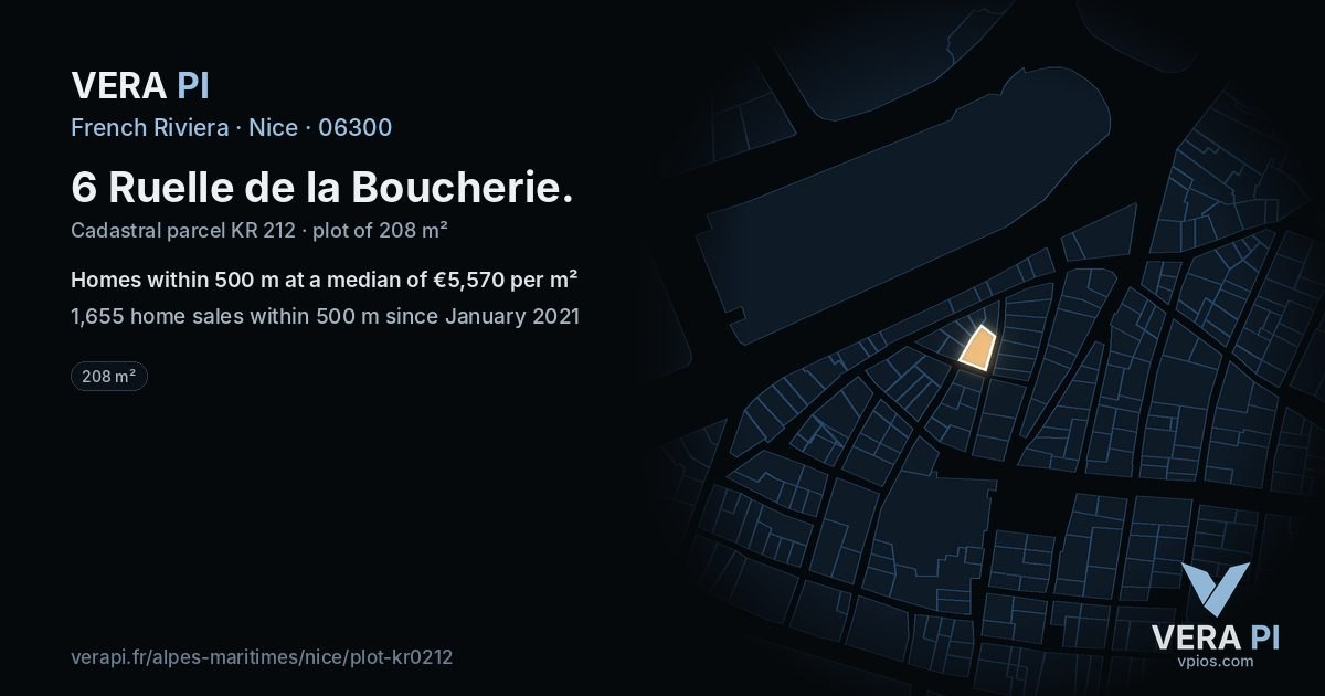6 Ruelle de la Boucherie, Nice at night – the plot lit, the parcels around coloured by the prices near them