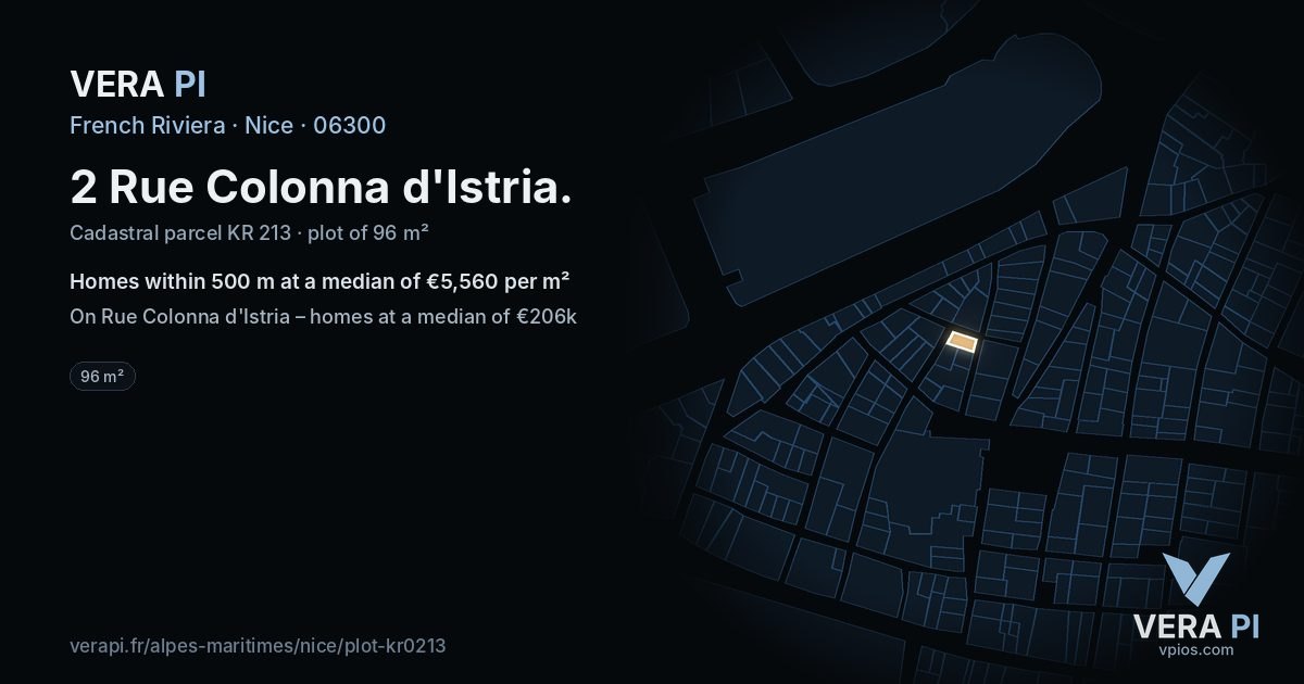 2 Rue Colonna d'Istria, Nice at night – the plot lit, the parcels around coloured by the prices near them