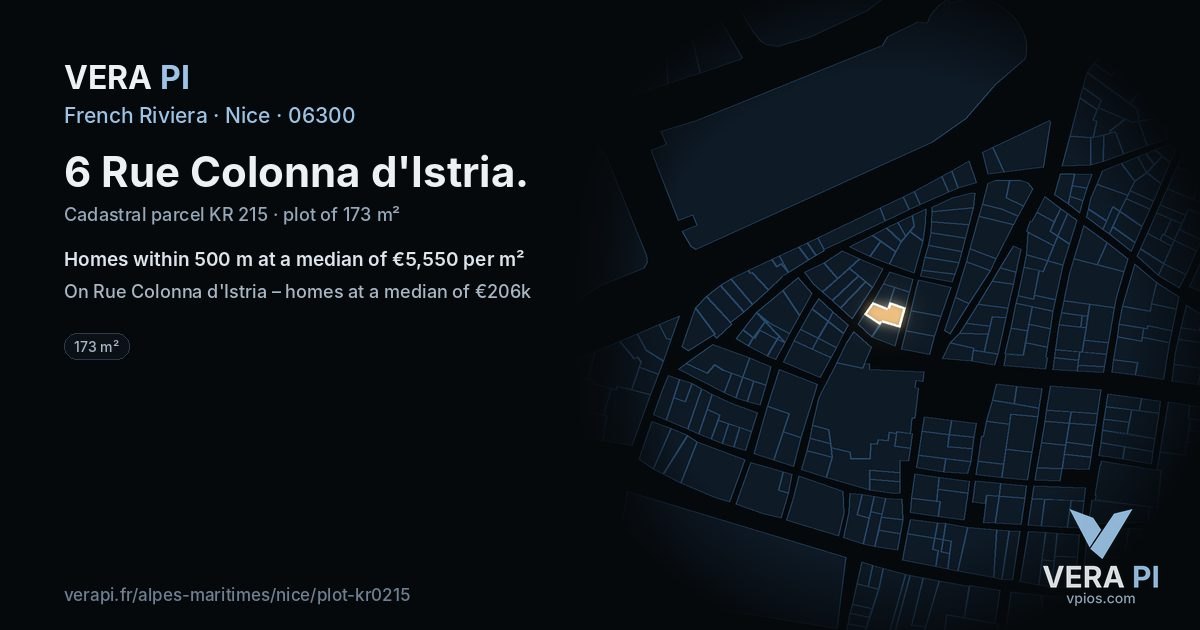 6 Rue Colonna d'Istria, Nice at night – the plot lit, the parcels around coloured by the prices near them