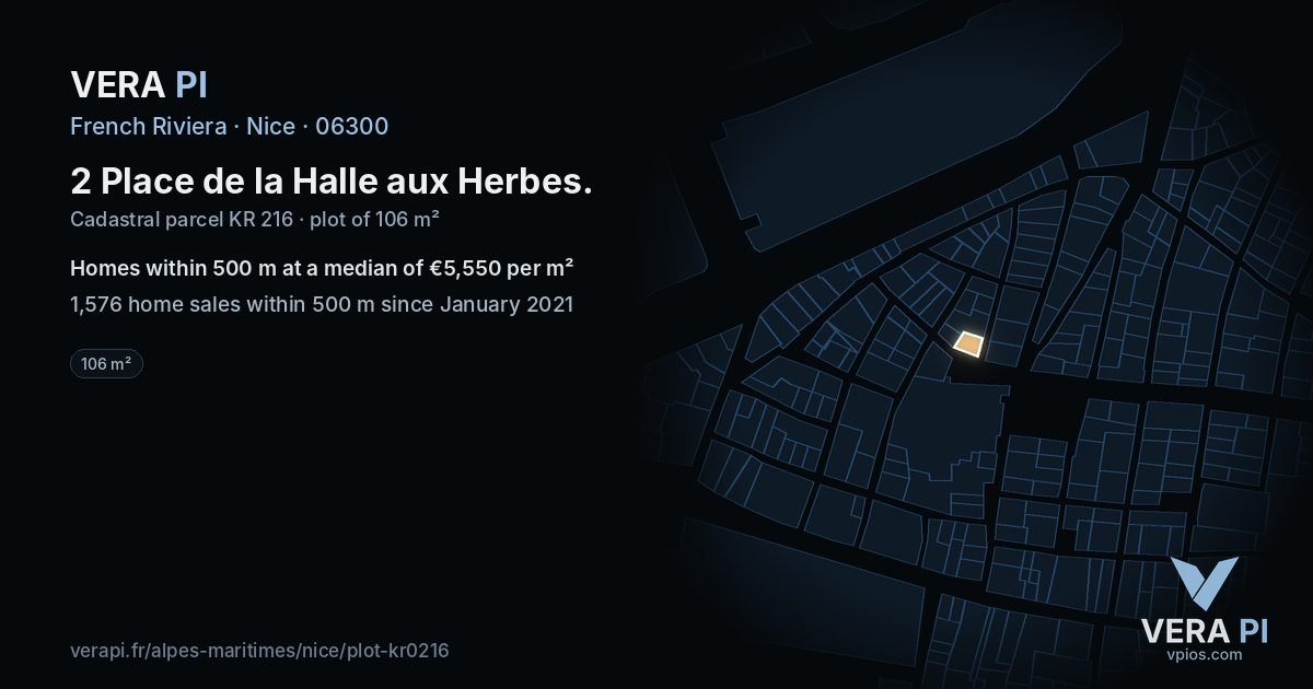 2 Place de la Halle aux Herbes, Nice at night – the plot lit, the parcels around coloured by the prices near them
