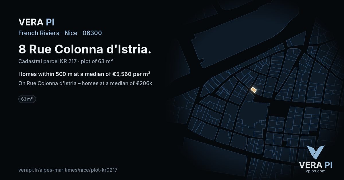 8 Rue Colonna d'Istria, Nice at night – the plot lit, the parcels around coloured by the prices near them