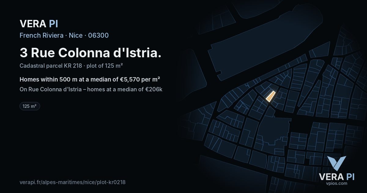 3 Rue Colonna d'Istria, Nice at night – the plot lit, the parcels around coloured by the prices near them
