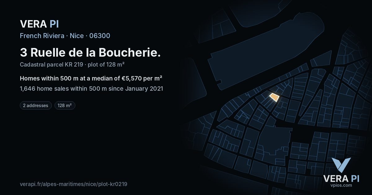 3 Ruelle de la Boucherie, Nice at night – the plot lit, the parcels around coloured by the prices near them