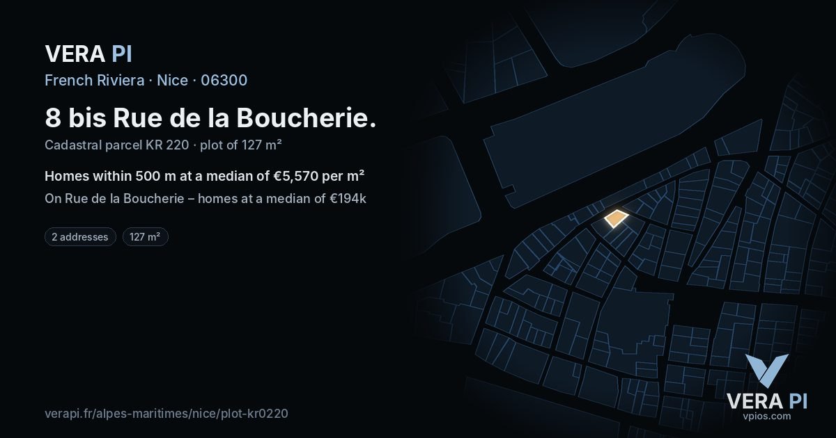 8 bis Rue de la Boucherie, Nice at night – the plot lit, the parcels around coloured by the prices near them