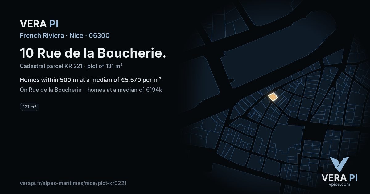 10 Rue de la Boucherie, Nice at night – the plot lit, the parcels around coloured by the prices near them