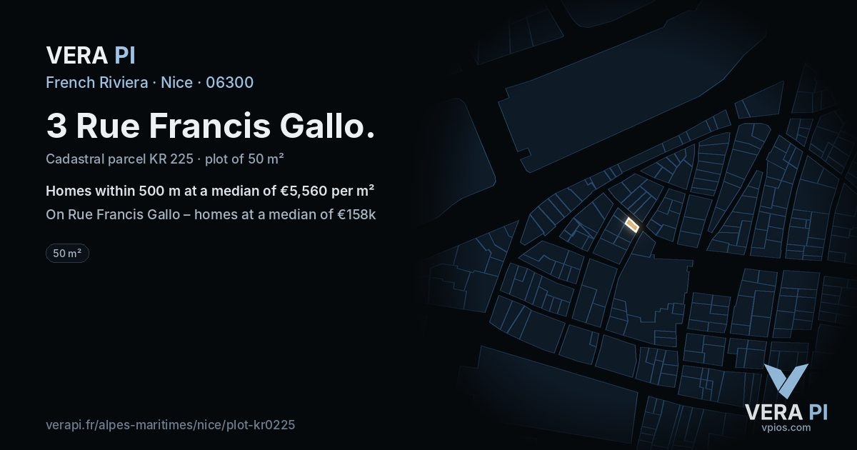 3 Rue Francis Gallo, Nice at night – the plot lit, the parcels around coloured by the prices near them