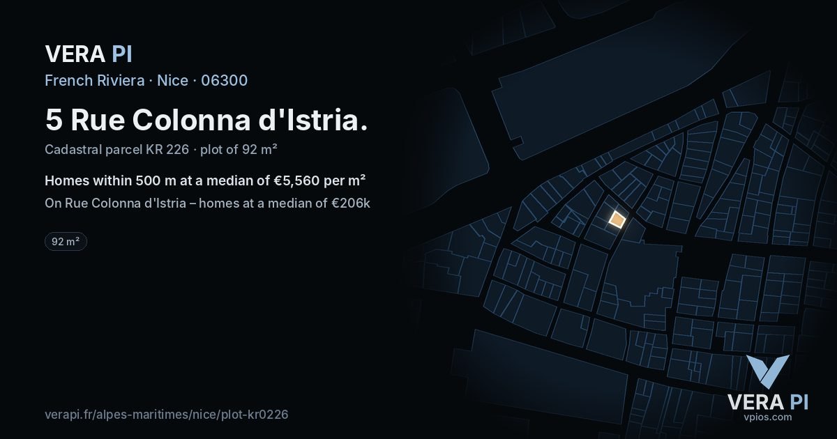 5 Rue Colonna d'Istria, Nice at night – the plot lit, the parcels around coloured by the prices near them