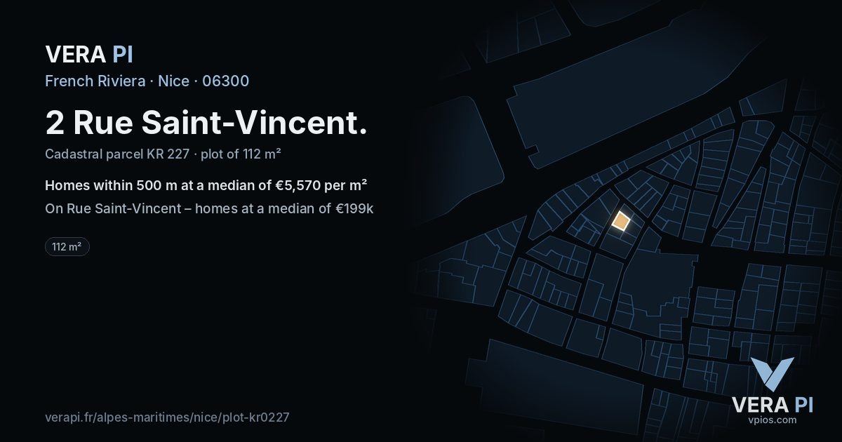 2 Rue Saint-Vincent, Nice at night – the plot lit, the parcels around coloured by the prices near them