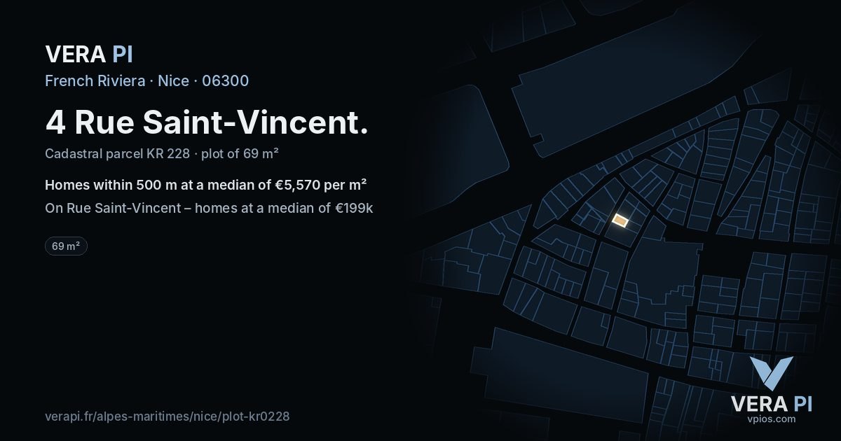 4 Rue Saint-Vincent, Nice at night – the plot lit, the parcels around coloured by the prices near them