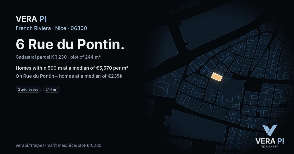 6 Rue du Pontin, Nice at night – the plot lit, the parcels around coloured by the prices near them