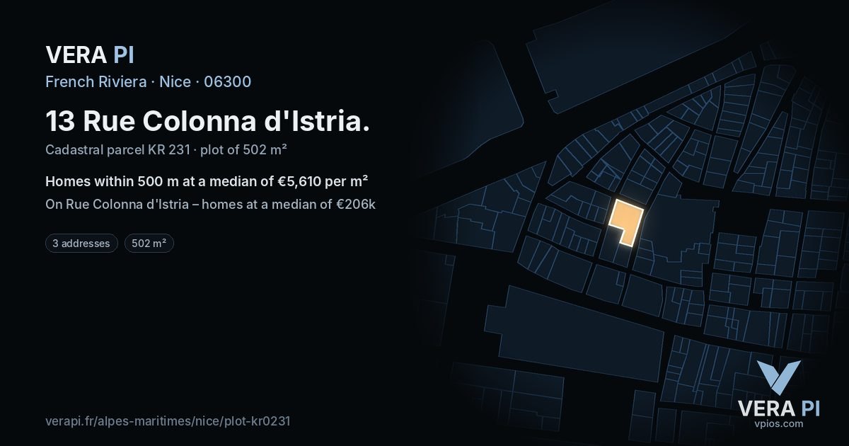 13 Rue Colonna d'Istria, Nice at night – the plot lit, the parcels around coloured by the prices near them