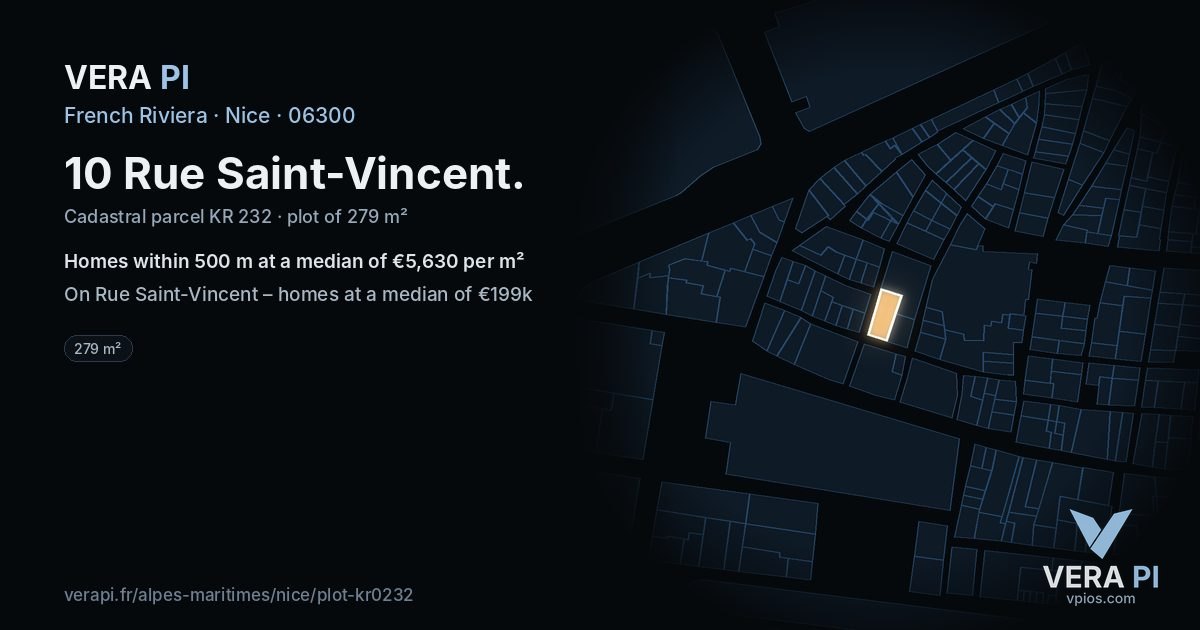 10 Rue Saint-Vincent, Nice at night – the plot lit, the parcels around coloured by the prices near them
