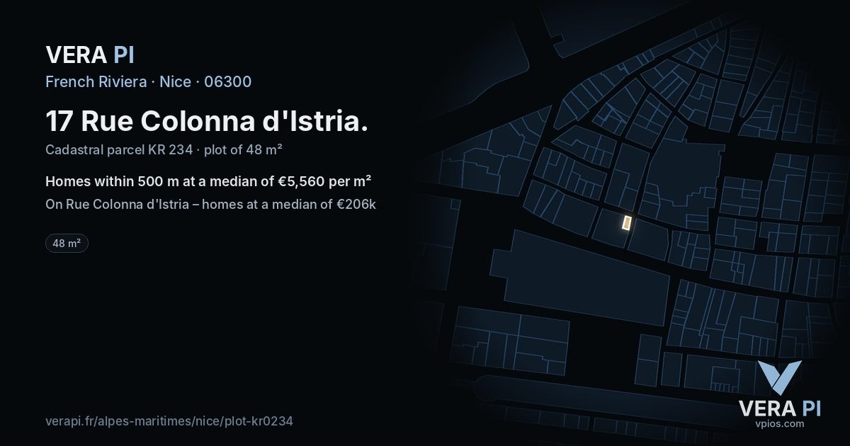 17 Rue Colonna d'Istria, Nice at night – the plot lit, the parcels around coloured by the prices near them