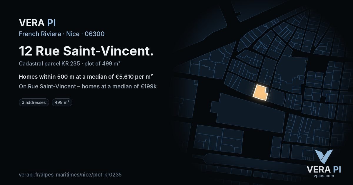 12 Rue Saint-Vincent, Nice at night – the plot lit, the parcels around coloured by the prices near them