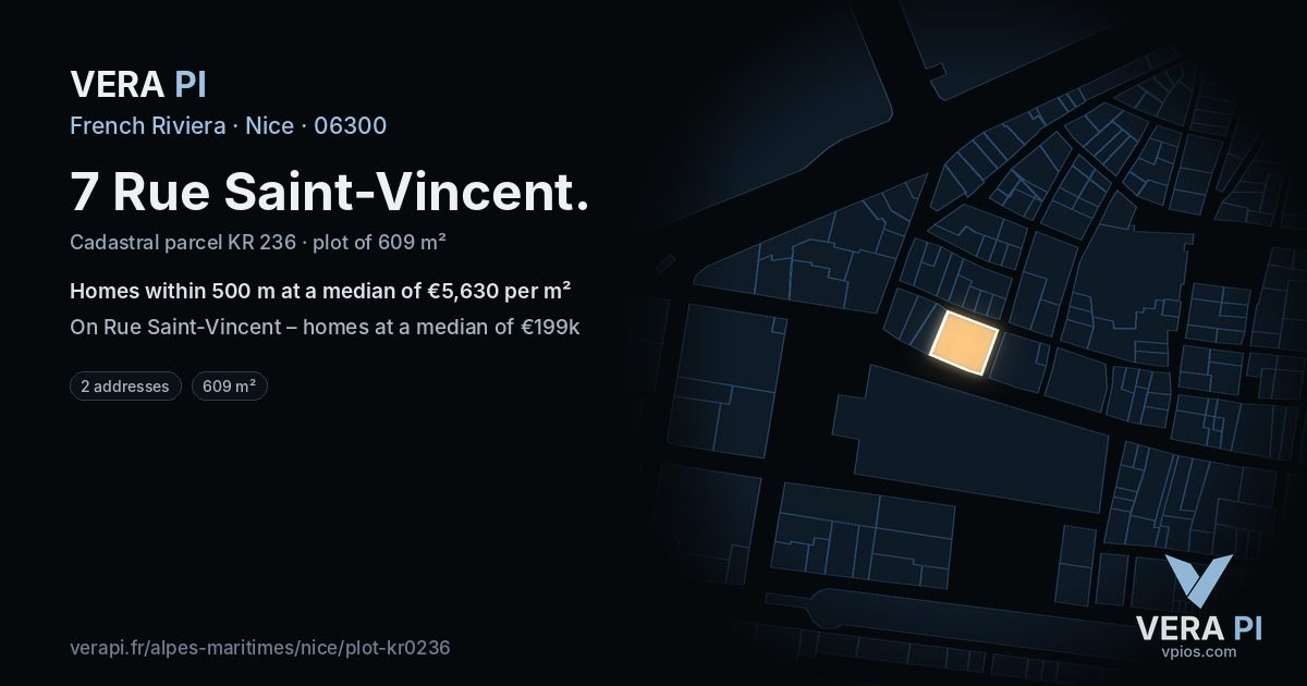 7 Rue Saint-Vincent, Nice at night – the plot lit, the parcels around coloured by the prices near them