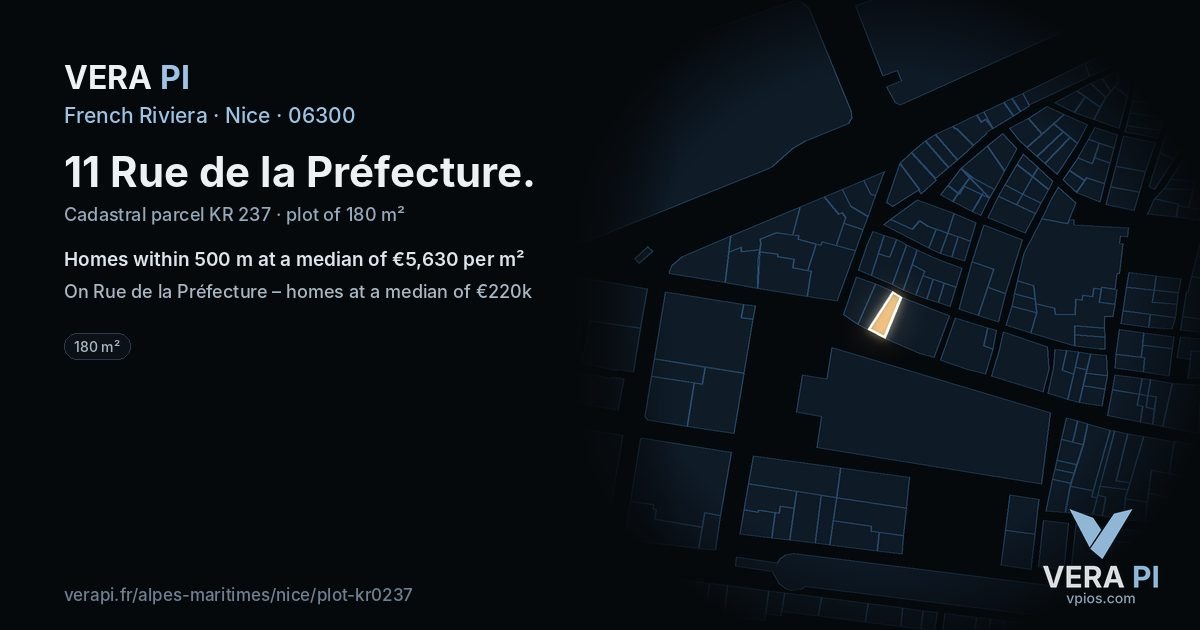 11 Rue de la Préfecture, Nice at night – the plot lit, the parcels around coloured by the prices near them