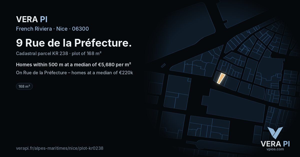 9 Rue de la Préfecture, Nice at night – the plot lit, the parcels around coloured by the prices near them