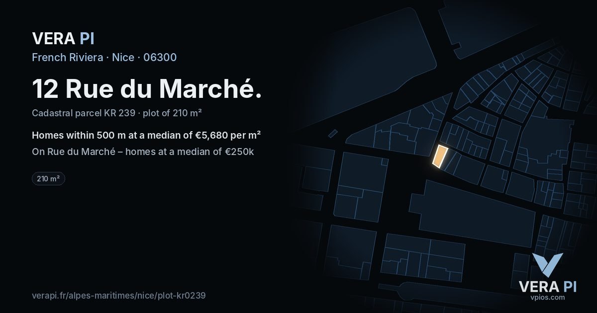 12 Rue du Marché, Nice at night – the plot lit, the parcels around coloured by the prices near them