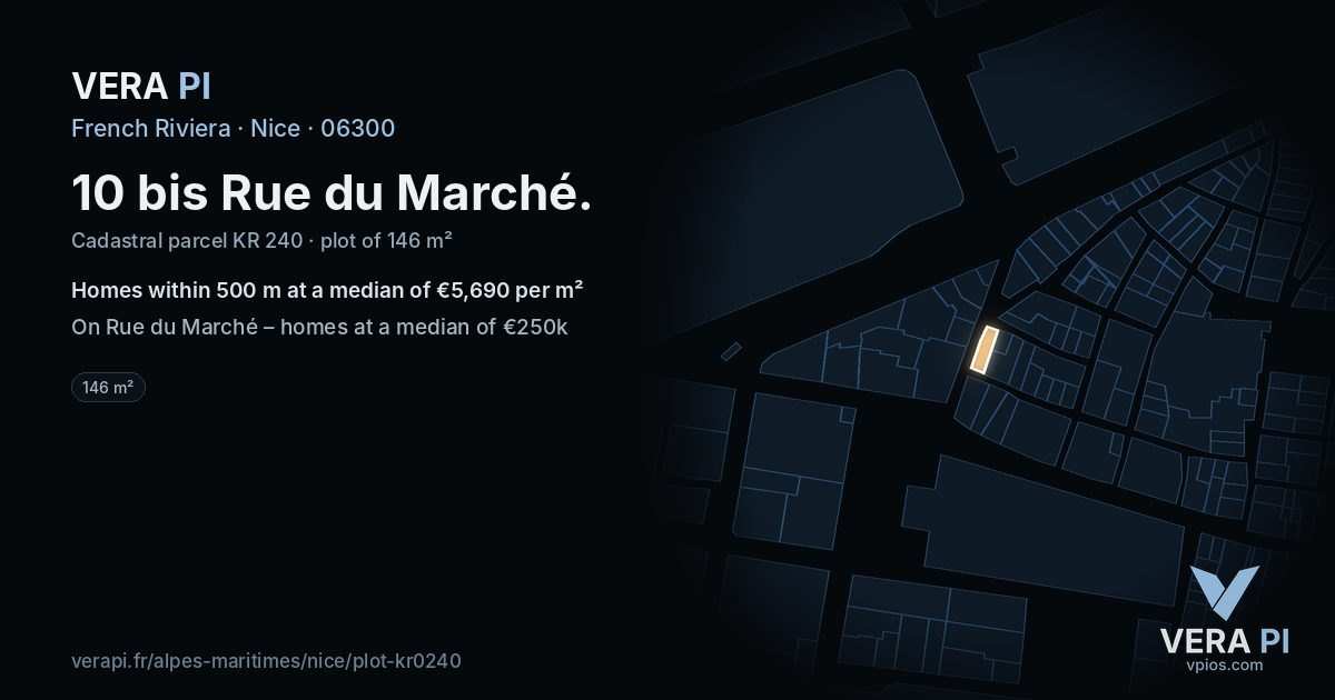 10 bis Rue du Marché, Nice at night – the plot lit, the parcels around coloured by the prices near them