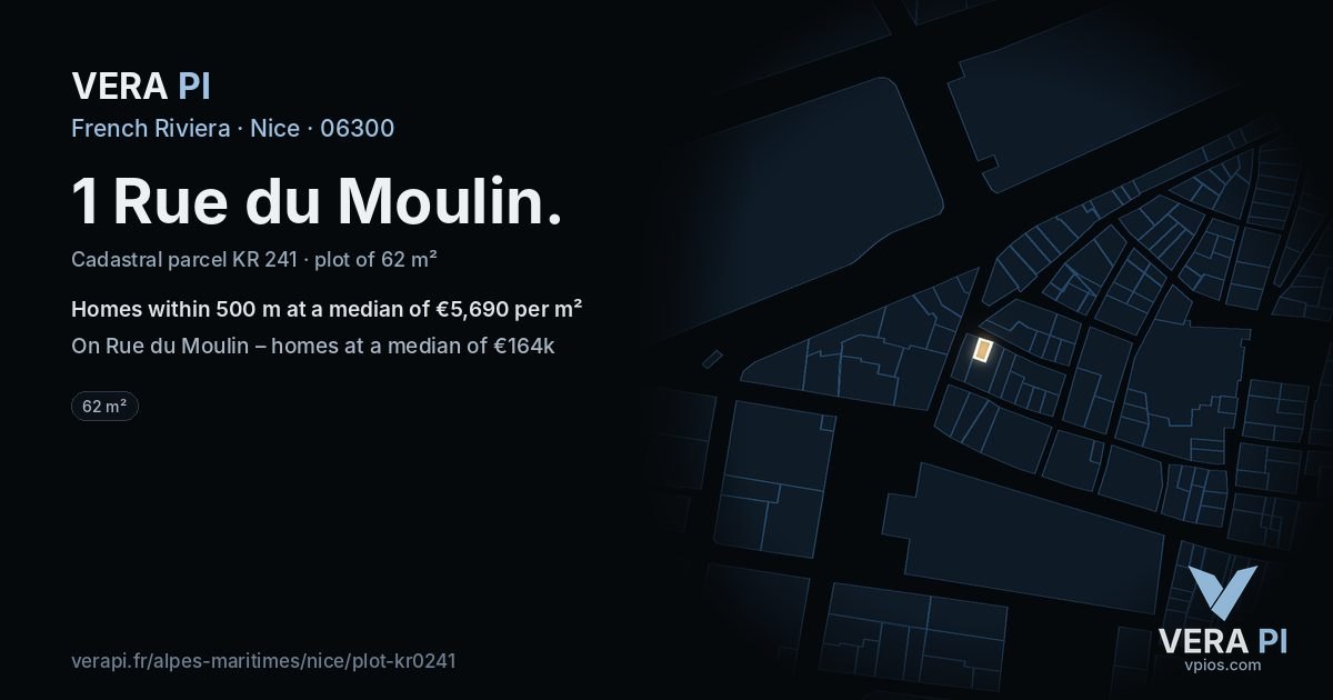 1 Rue du Moulin, Nice at night – the plot lit, the parcels around coloured by the prices near them