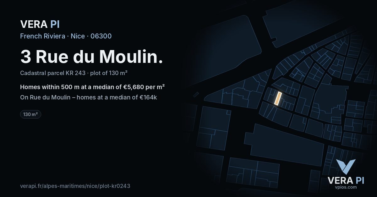 3 Rue du Moulin, Nice at night – the plot lit, the parcels around coloured by the prices near them