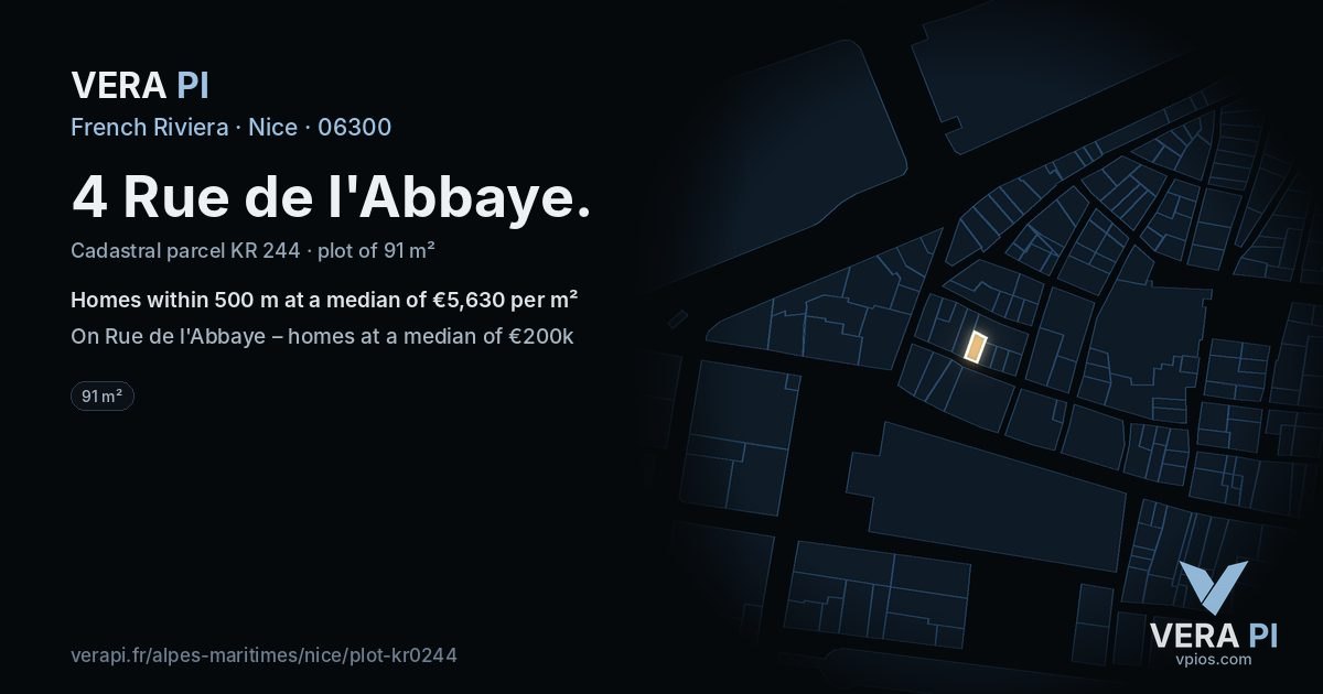 4 Rue de l'Abbaye, Nice at night – the plot lit, the parcels around coloured by the prices near them