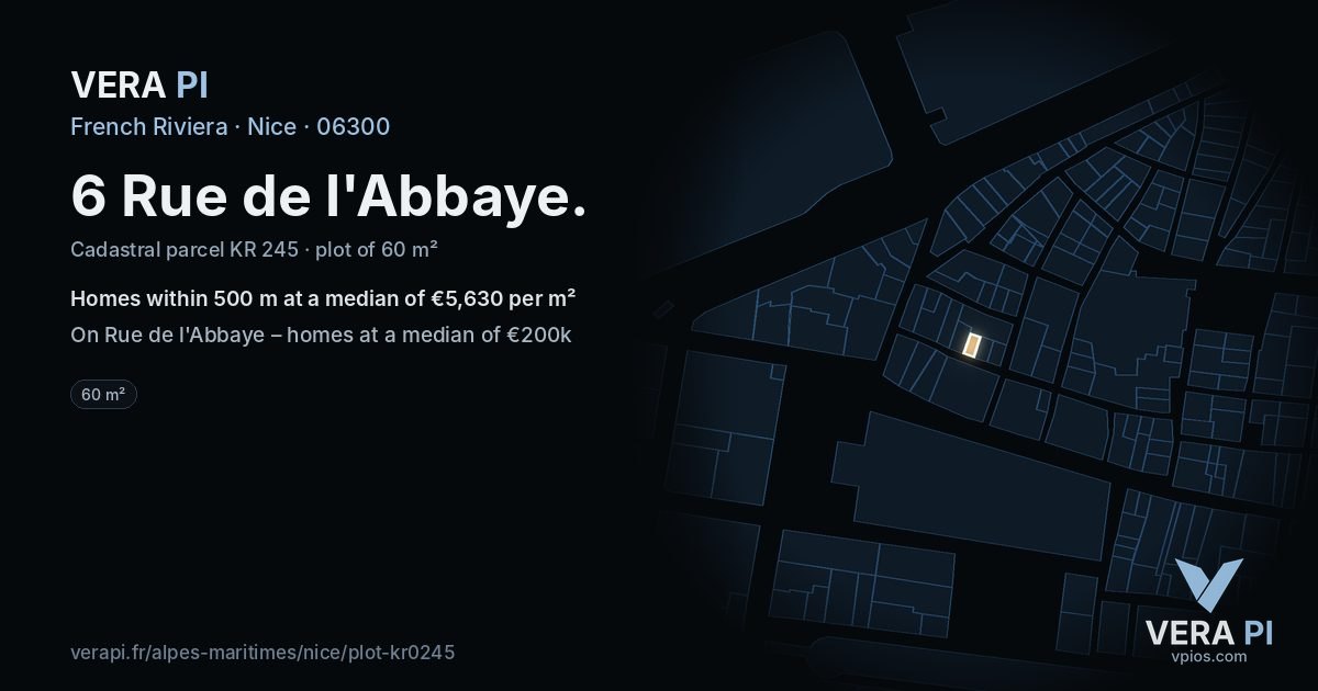 6 Rue de l'Abbaye, Nice at night – the plot lit, the parcels around coloured by the prices near them