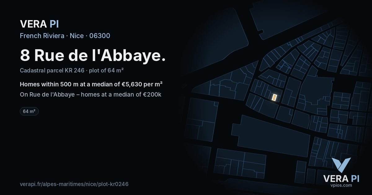 8 Rue de l'Abbaye, Nice at night – the plot lit, the parcels around coloured by the prices near them
