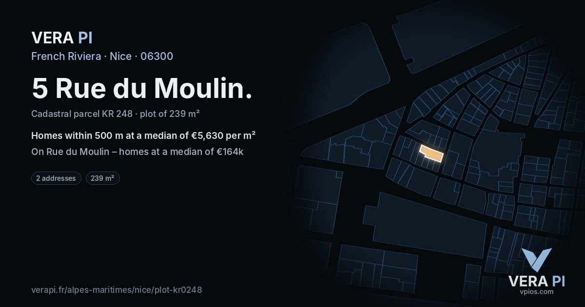 5 Rue du Moulin, Nice at night – the plot lit, the parcels around coloured by the prices near them