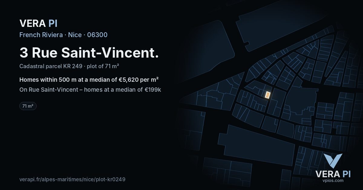 3 Rue Saint-Vincent, Nice at night – the plot lit, the parcels around coloured by the prices near them